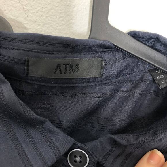 ATM Shirt Dress Pockets Pleated Stripe Button Navy Midi Knee Length Small - Picture 3 of 10